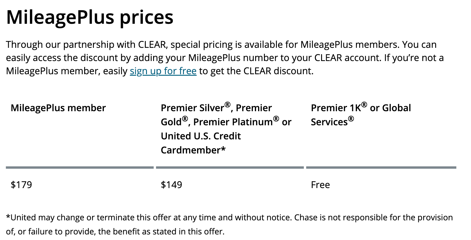 Clear prices for MileagePlus members